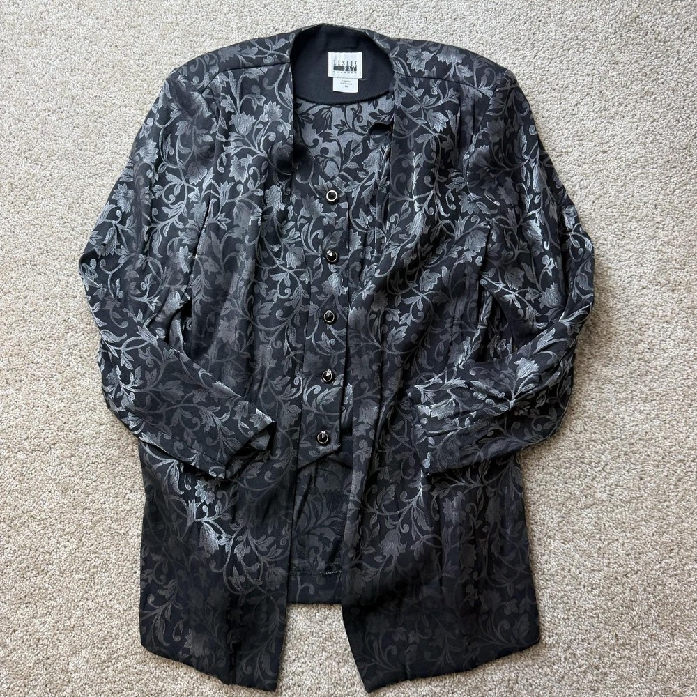 Vintage Leslie Fay Jacket Tank Set Womens 14 Black Floral Jacquard Lined Button